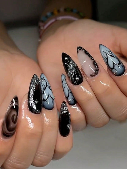24pcs Dark Gradient Silver Chrome 3D Heart Press-On Nails