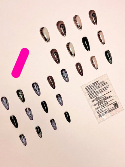 24pcs Dark Gradient Silver Chrome 3D Heart Press-On Nails