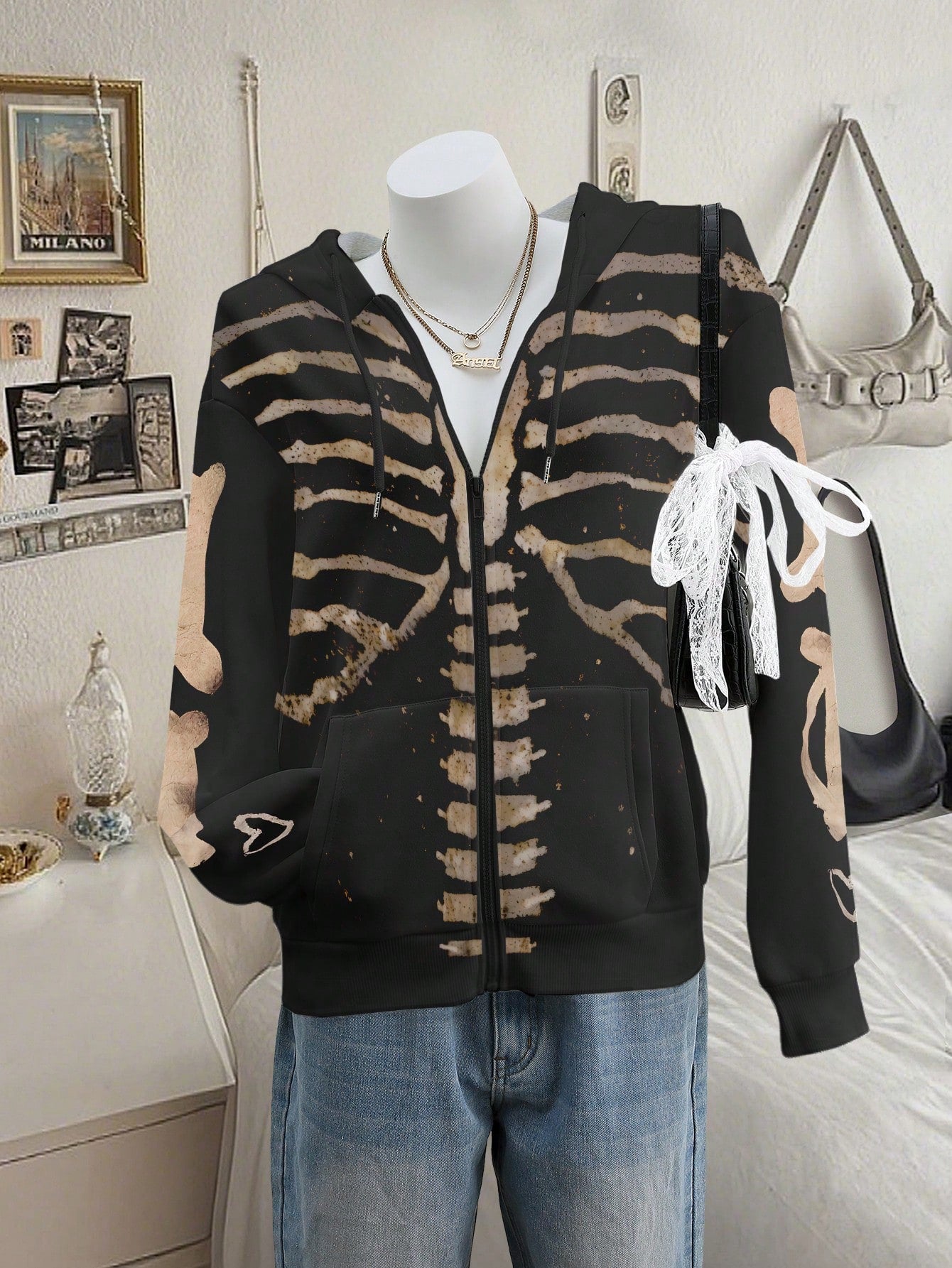 Women's Casual Skull Print Zip-Up Drawstring Hoodie