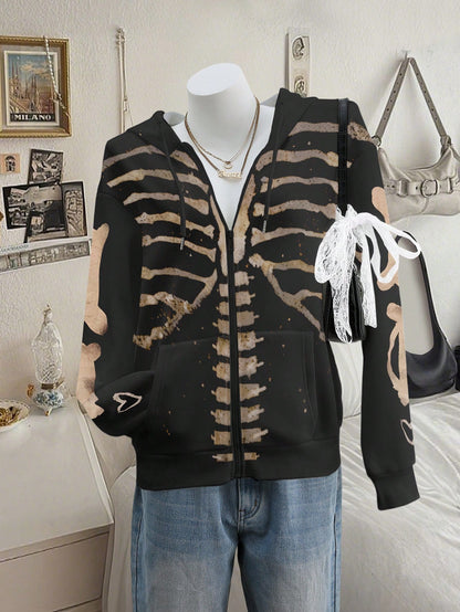 Women's Casual Skull Print Zip-Up Drawstring Hoodie