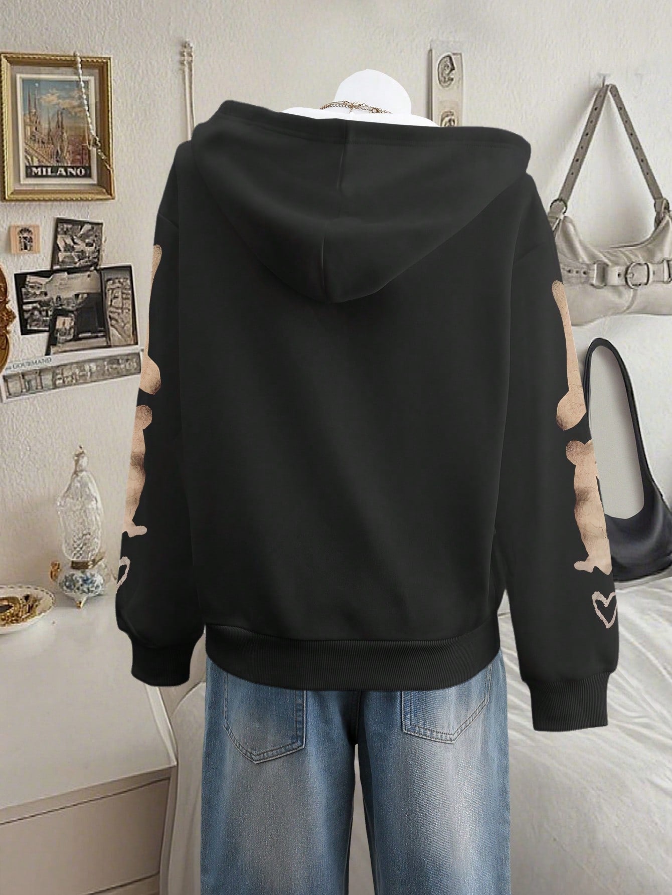 Women's Casual Skull Print Zip-Up Drawstring Hoodie