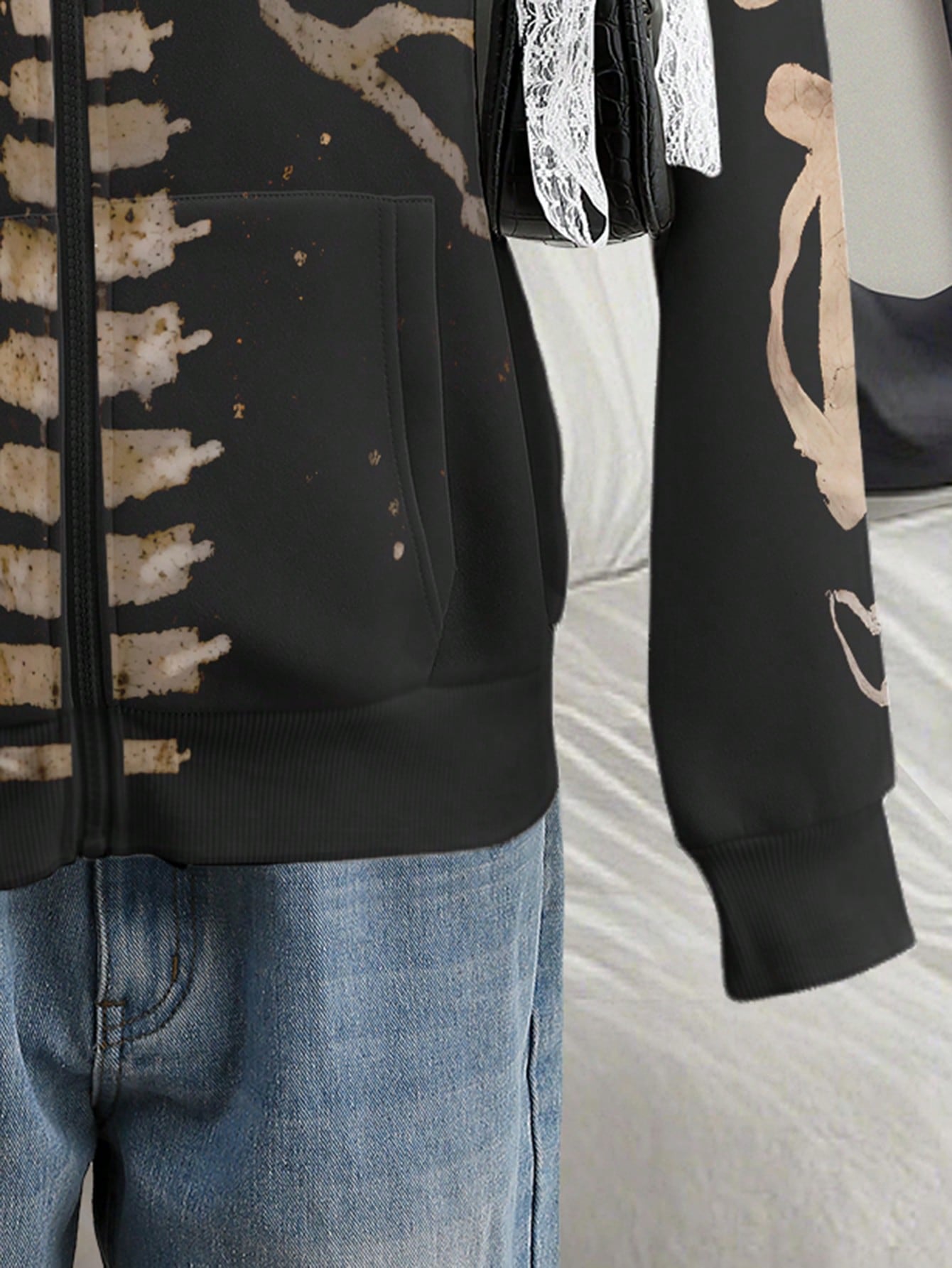 Women's Casual Skull Print Zip-Up Drawstring Hoodie