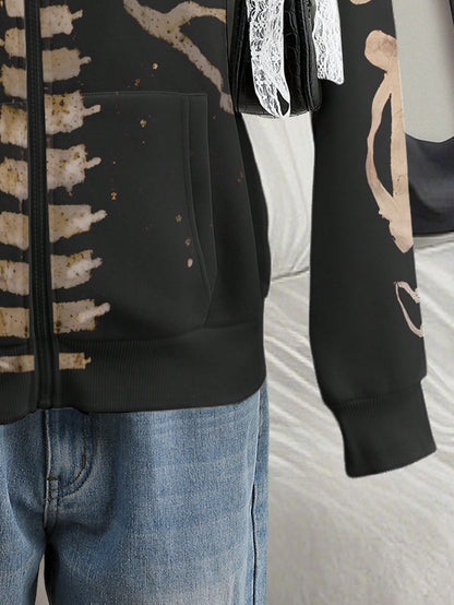 Women's Casual Skull Print Zip-Up Drawstring Hoodie