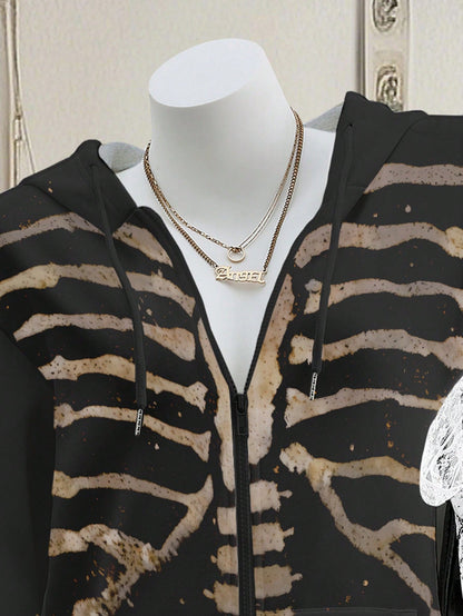 Women's Casual Skull Print Zip-Up Drawstring Hoodie