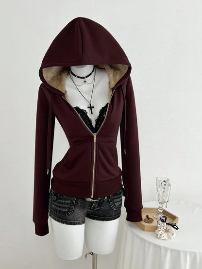 Women's Vintage Fitted Knit Thermal Hooded Sweatshirt