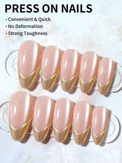 3D Gold French Almond Stiletto Press-On Nails 24pcs