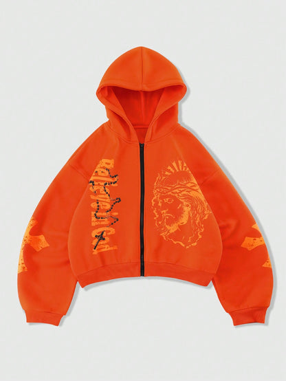 Men's Letter Print Y2K Zip-Up Streetwear Hoodie