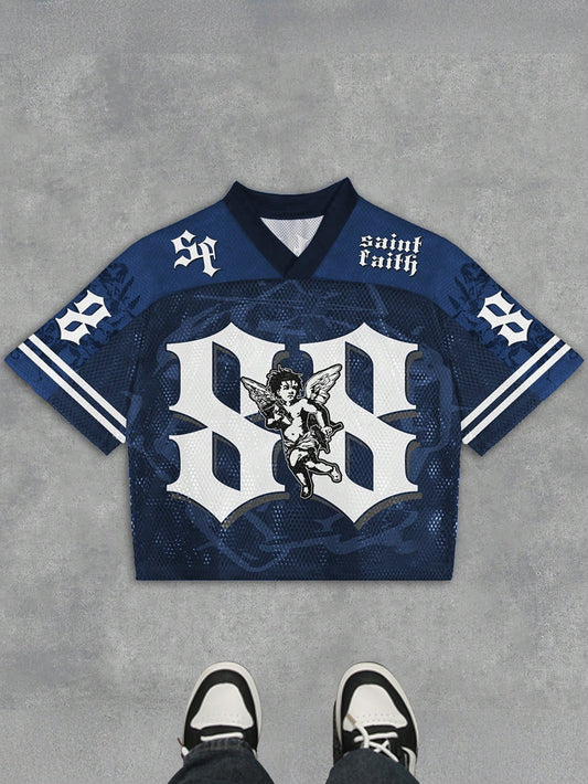 Blue Contrast Striped & Angel Print V-Neck Jersey