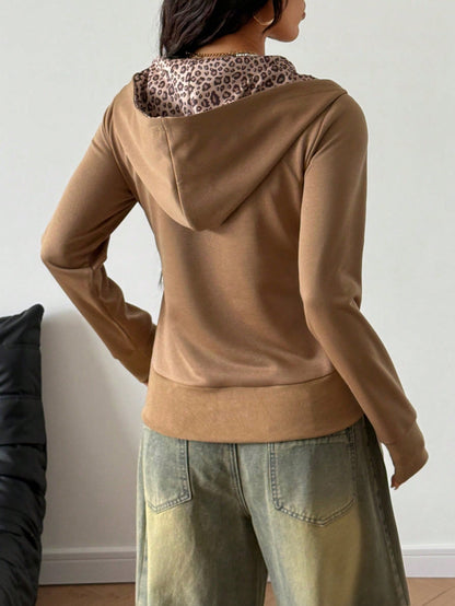 Brown Y2K Leopard Print Slim Fit Hoodie