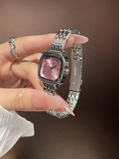 Vintage Silver Stainless Steel Square Petite Women Watch