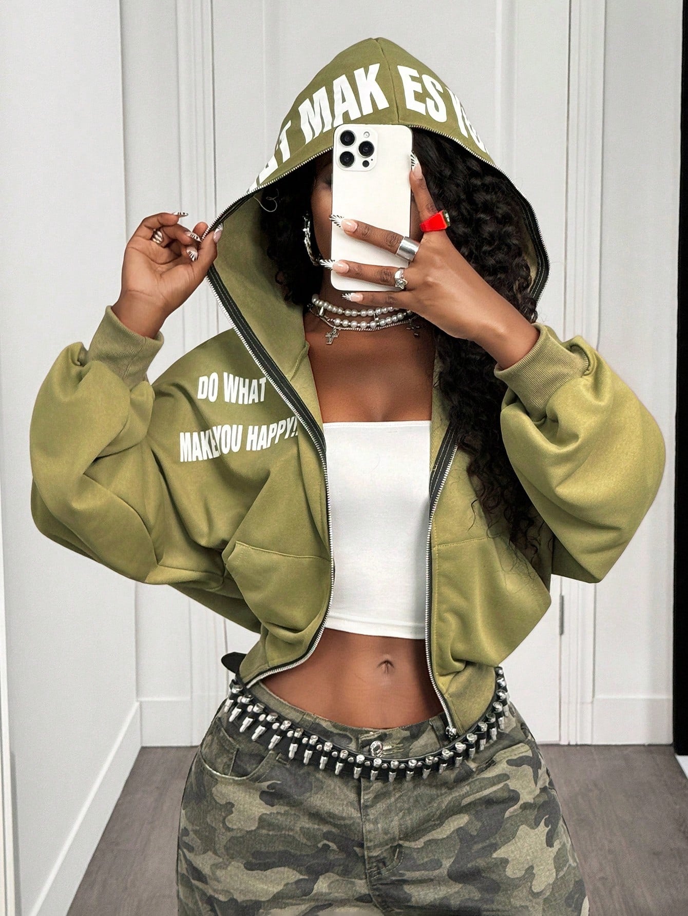 Women's Vintage Letter Print Metal Zip Loose Hoodie
