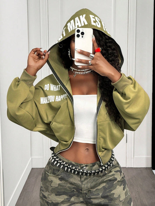 Women's Vintage Letter Print Metal Zip Loose Hoodie