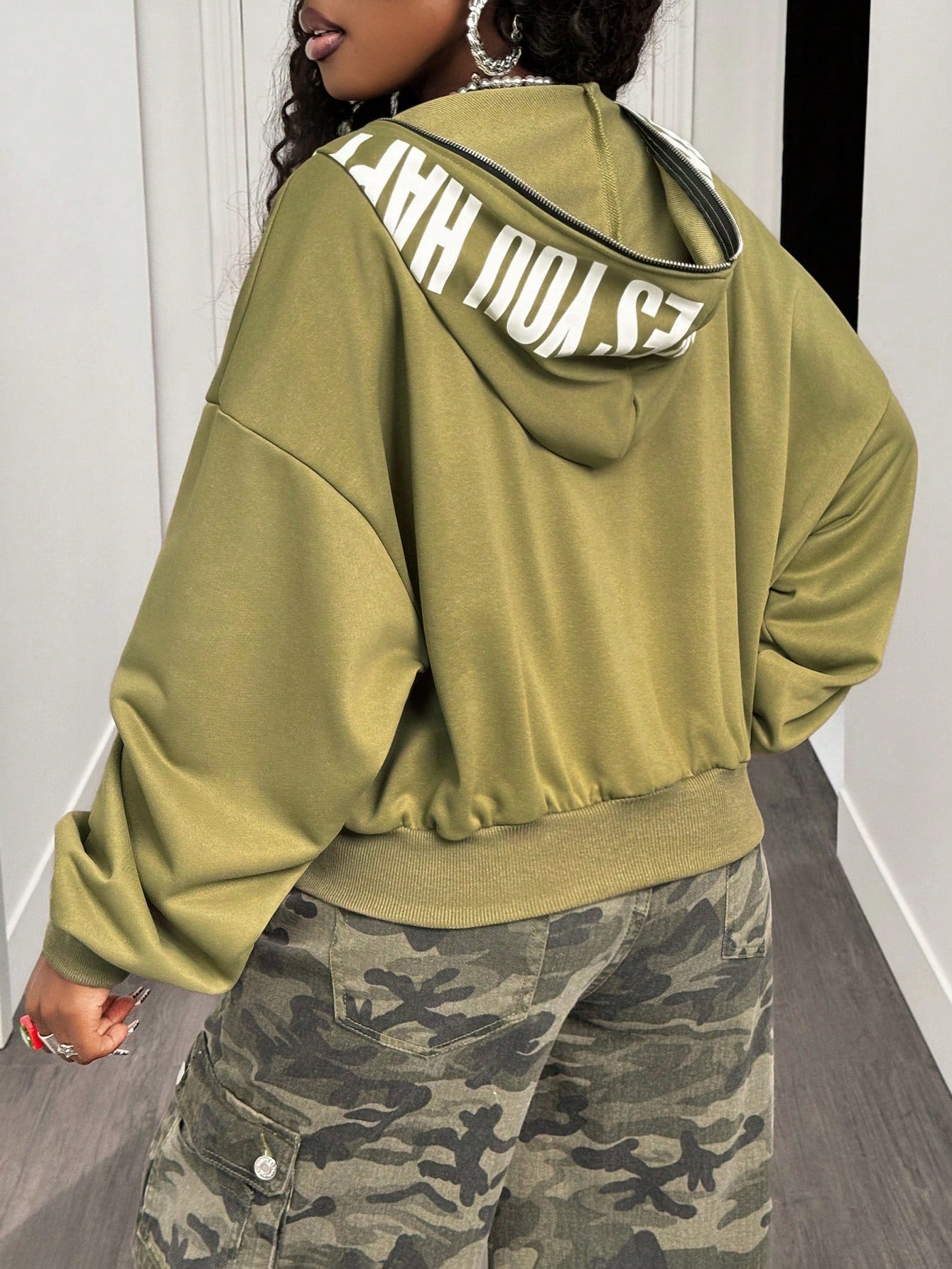Women's Vintage Letter Print Metal Zip Loose Hoodie