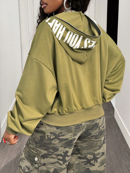 Women's Vintage Letter Print Metal Zip Loose Hoodie