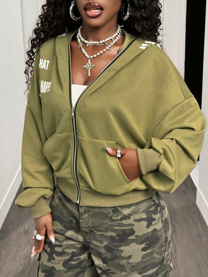 Women's Vintage Letter Print Metal Zip Loose Hoodie