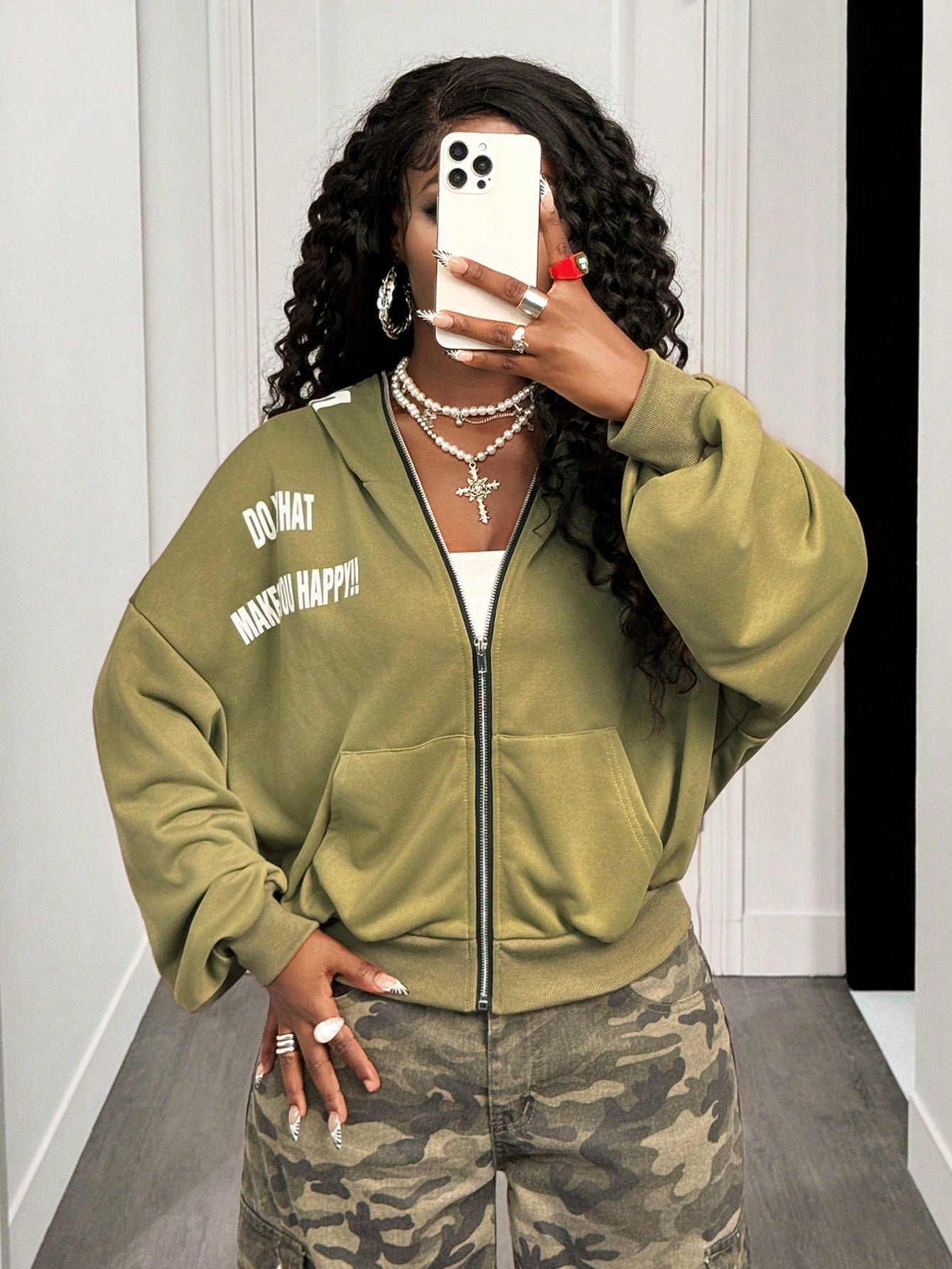 Women's Vintage Letter Print Metal Zip Loose Hoodie
