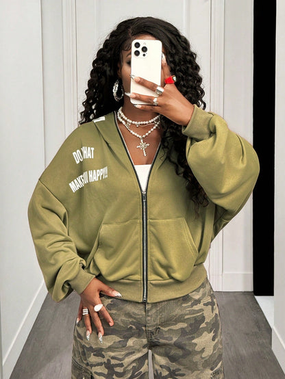 Women's Vintage Letter Print Metal Zip Loose Hoodie