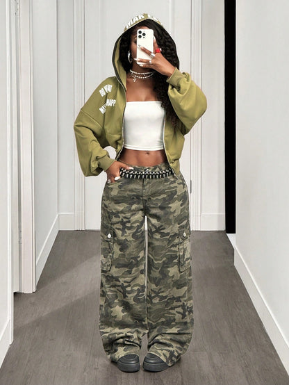 Women's Vintage Letter Print Metal Zip Loose Hoodie