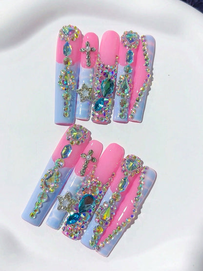 10pcs Pink French Coffin Handmade Bow Press-On Nails - Pisif