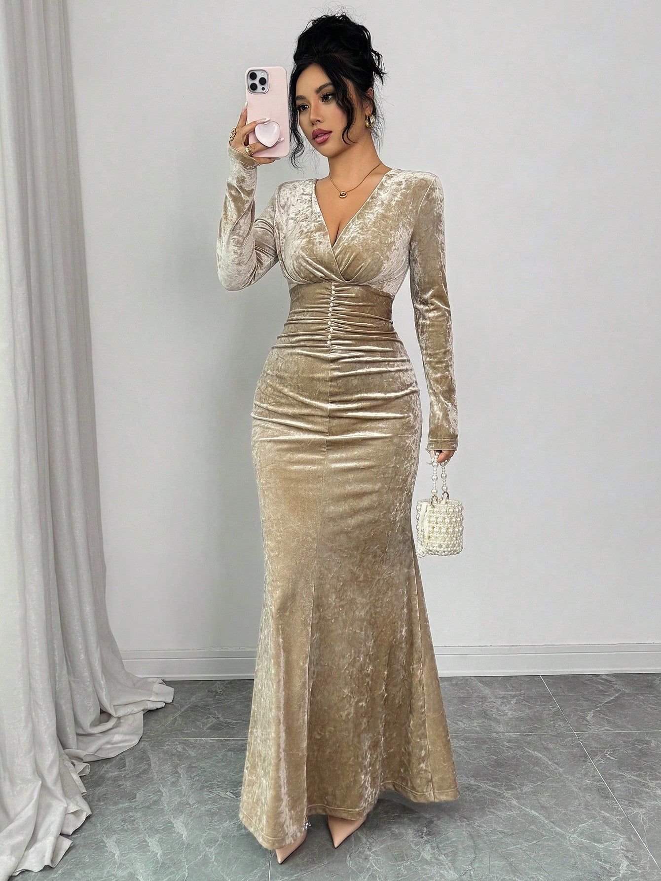 Elegant Champagne Velvet Slim Fit Fishtail Maxi Dress