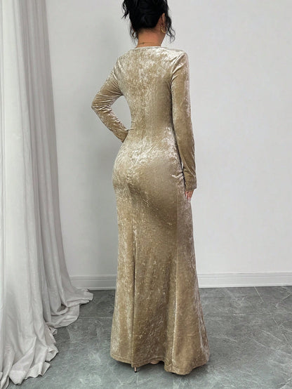 Elegant Champagne Velvet Slim Fit Fishtail Maxi Dress