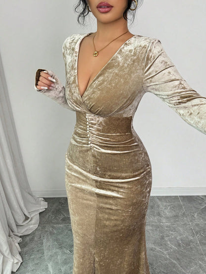 Elegant Champagne Velvet Slim Fit Fishtail Maxi Dress