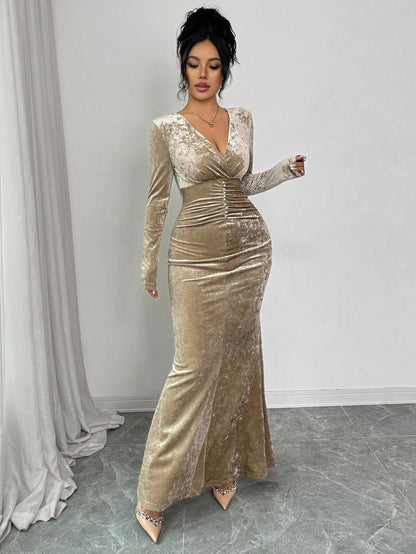 Elegant Champagne Velvet Slim Fit Fishtail Maxi Dress