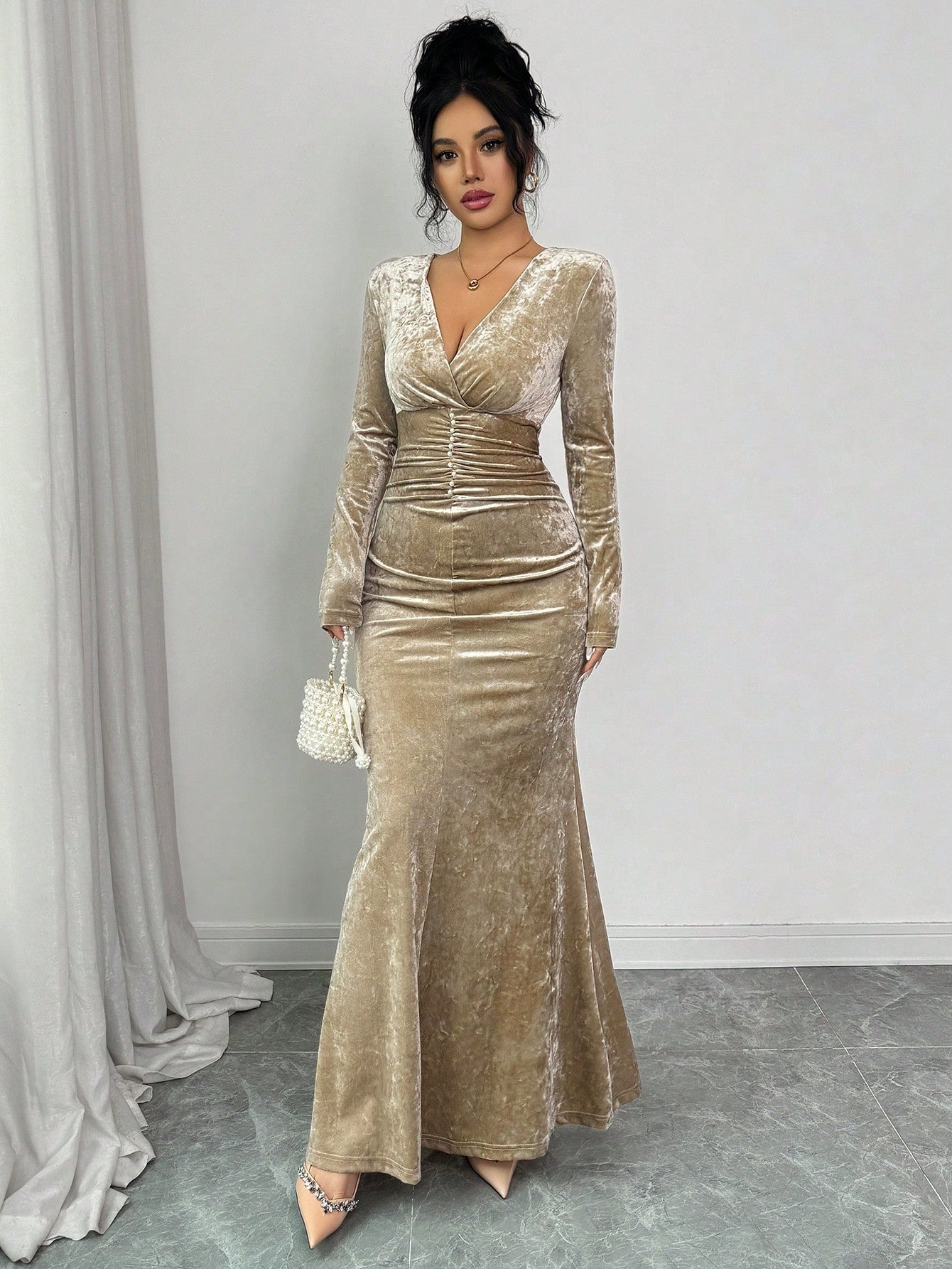 Elegant Champagne Velvet Slim Fit Fishtail Maxi Dress