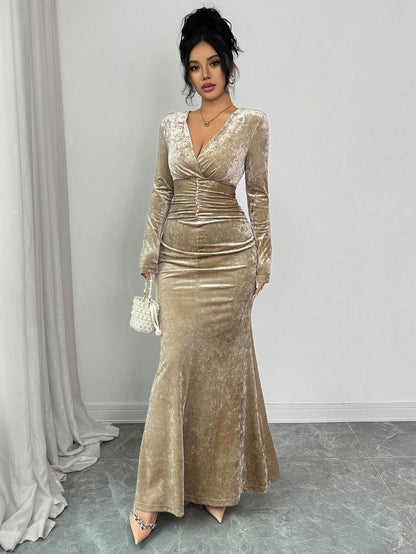 Elegant Champagne Velvet Slim Fit Fishtail Maxi Dress