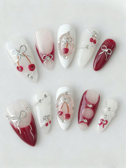 10pcs Kawaii Cherry & Bow Handmade Almond Press-On Nails