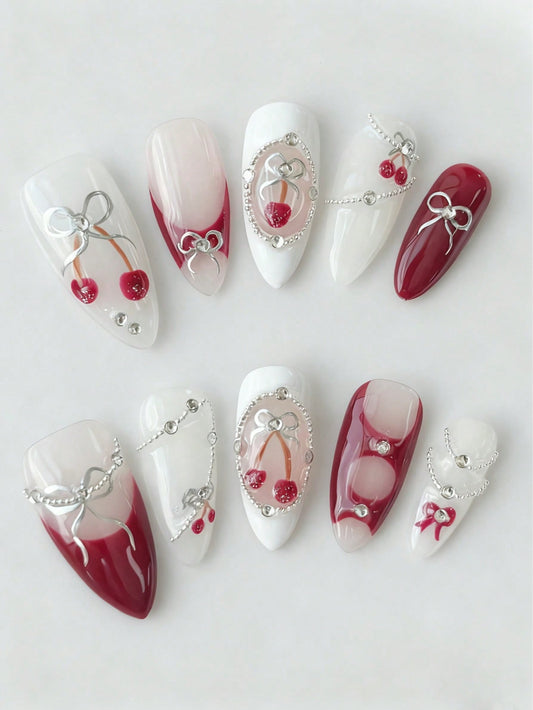 10pcs Kawaii Cherry & Bow Handmade Almond Press-On Nails