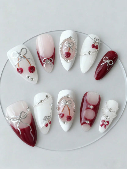 10pcs Kawaii Cherry & Bow Handmade Almond Press-On Nails