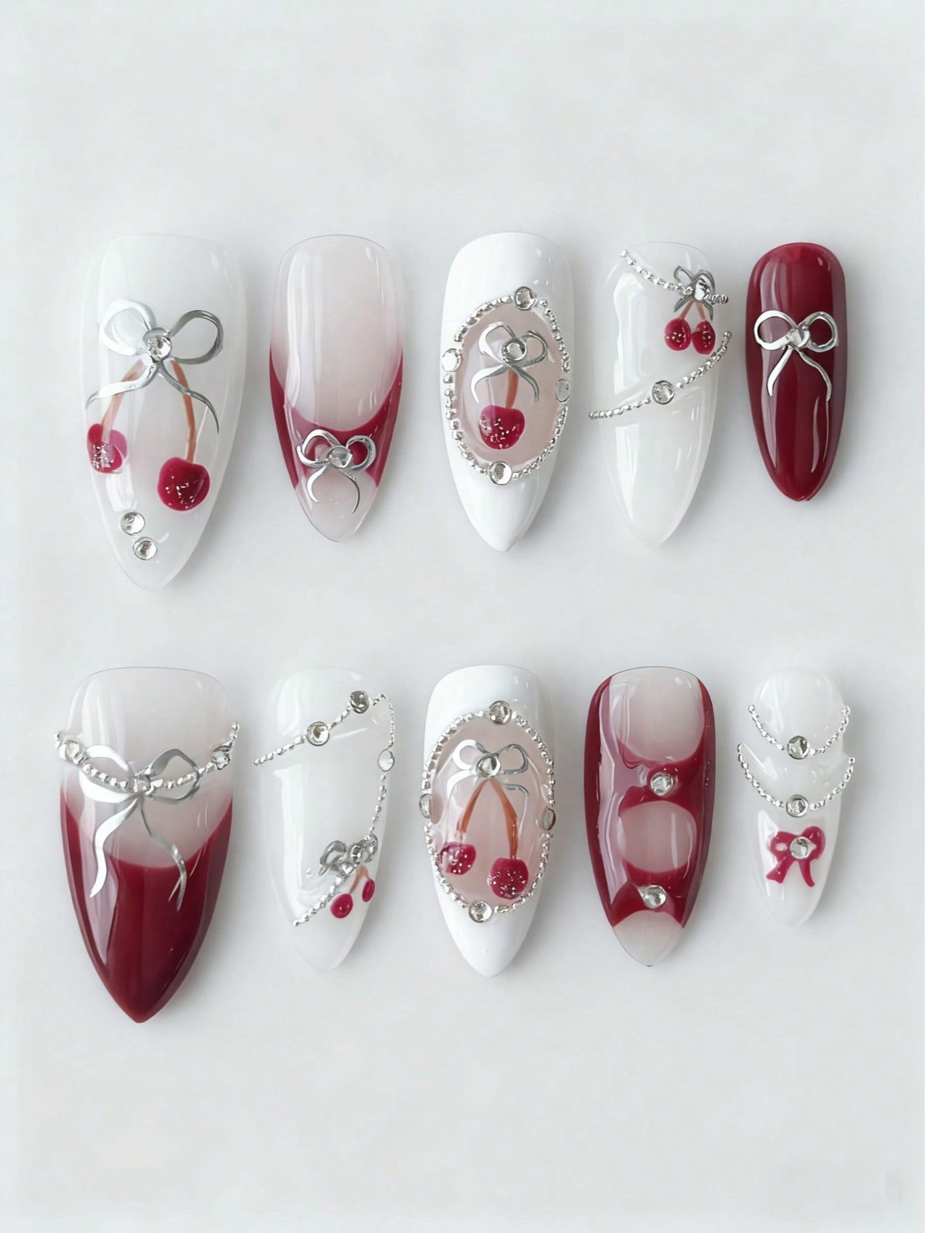 10pcs Kawaii Cherry & Bow Handmade Almond Press-On Nails