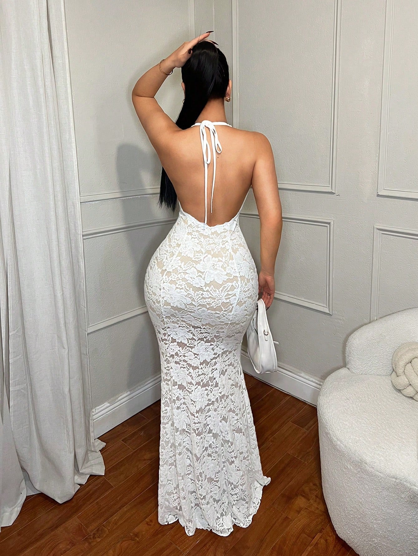 Elegant White Lace Halter Neck Mermaid Maxi Dress