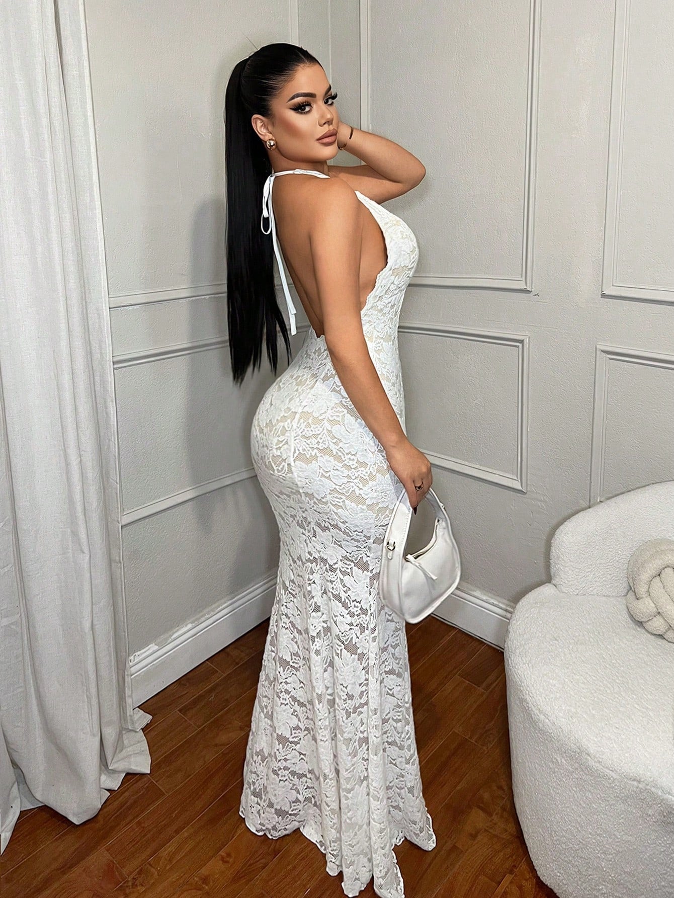 Elegant White Lace Halter Neck Mermaid Maxi Dress