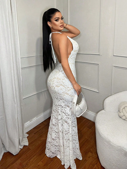 Elegant White Lace Halter Neck Mermaid Maxi Dress