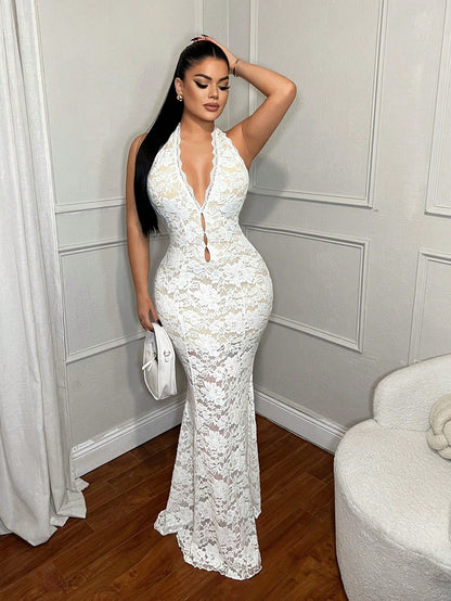 Elegant White Lace Halter Neck Mermaid Maxi Dress