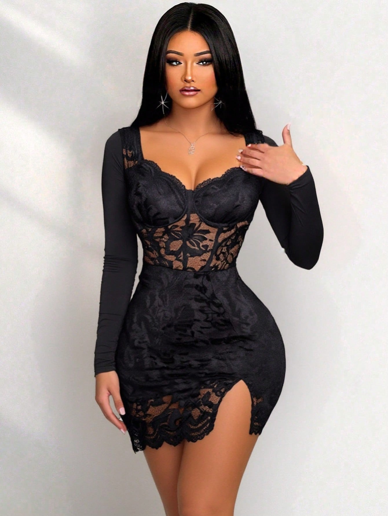 Sexy Knitted Lace Cup Long Sleeve Bodycon Mini Dress