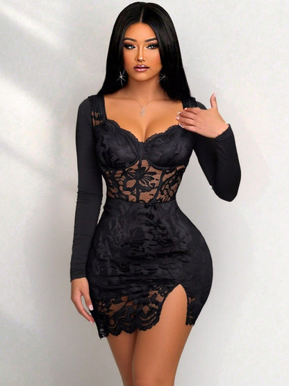 Sexy Knitted Lace Cup Long Sleeve Bodycon Mini Dress
