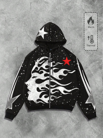 Men's Graphic Letter & Figure Print Y2K Zip Hoodie