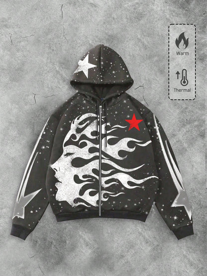 Men's Graphic Letter & Figure Print Y2K Zip Hoodie