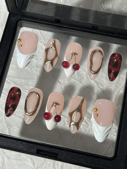 White French Almond Press-On Nails with 3D Gold Cherry