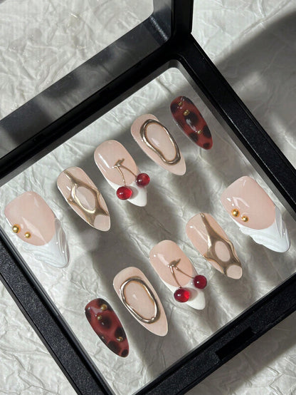 White French Almond Press-On Nails with 3D Gold Cherry