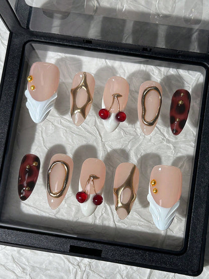 White French Almond Press-On Nails with 3D Gold Cherry