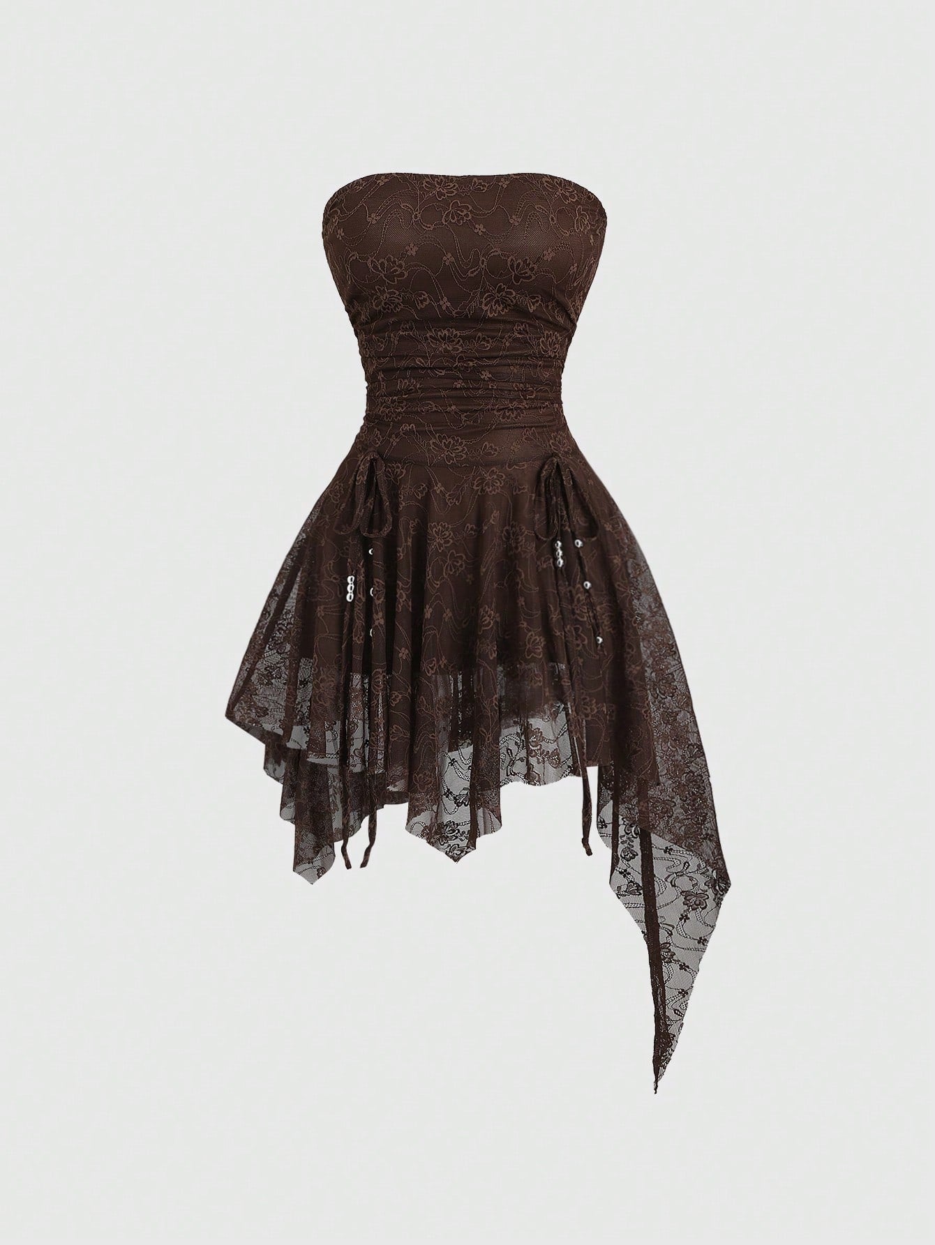 Brown Lace Asymmetrical Hem Mini Dress