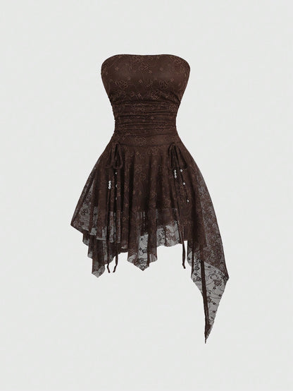 Brown Lace Asymmetrical Hem Mini Dress