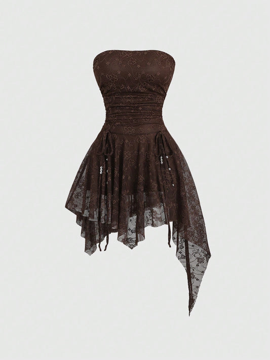 Brown Lace Asymmetrical Hem Mini Dress
