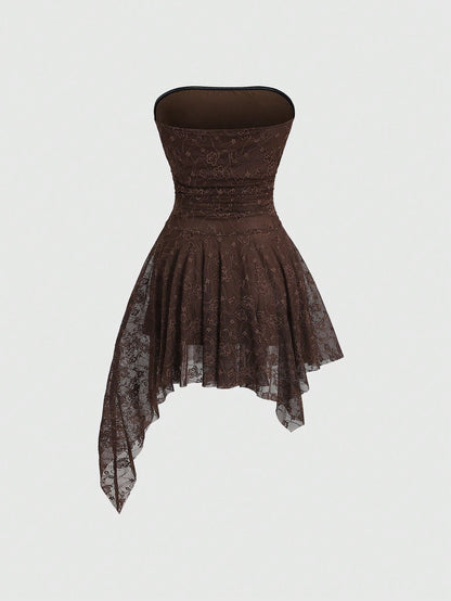 Brown Lace Asymmetrical Hem Mini Dress