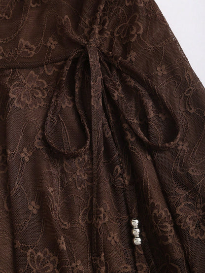 Brown Lace Asymmetrical Hem Mini Dress