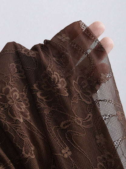 Brown Lace Asymmetrical Hem Mini Dress